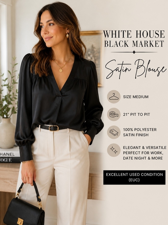 White House Black Market Tops - White House Black Market Black Satin V-Neck Blouse Puff Sleeve M
